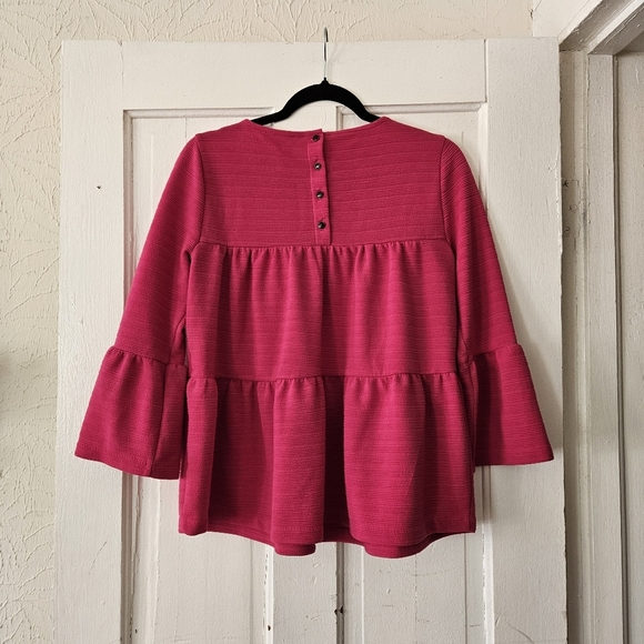 J. Crew Women's Bright Pink Tiered Bell Sleeve Babydoll Top Size Small, Textured - Picture 4 of 8